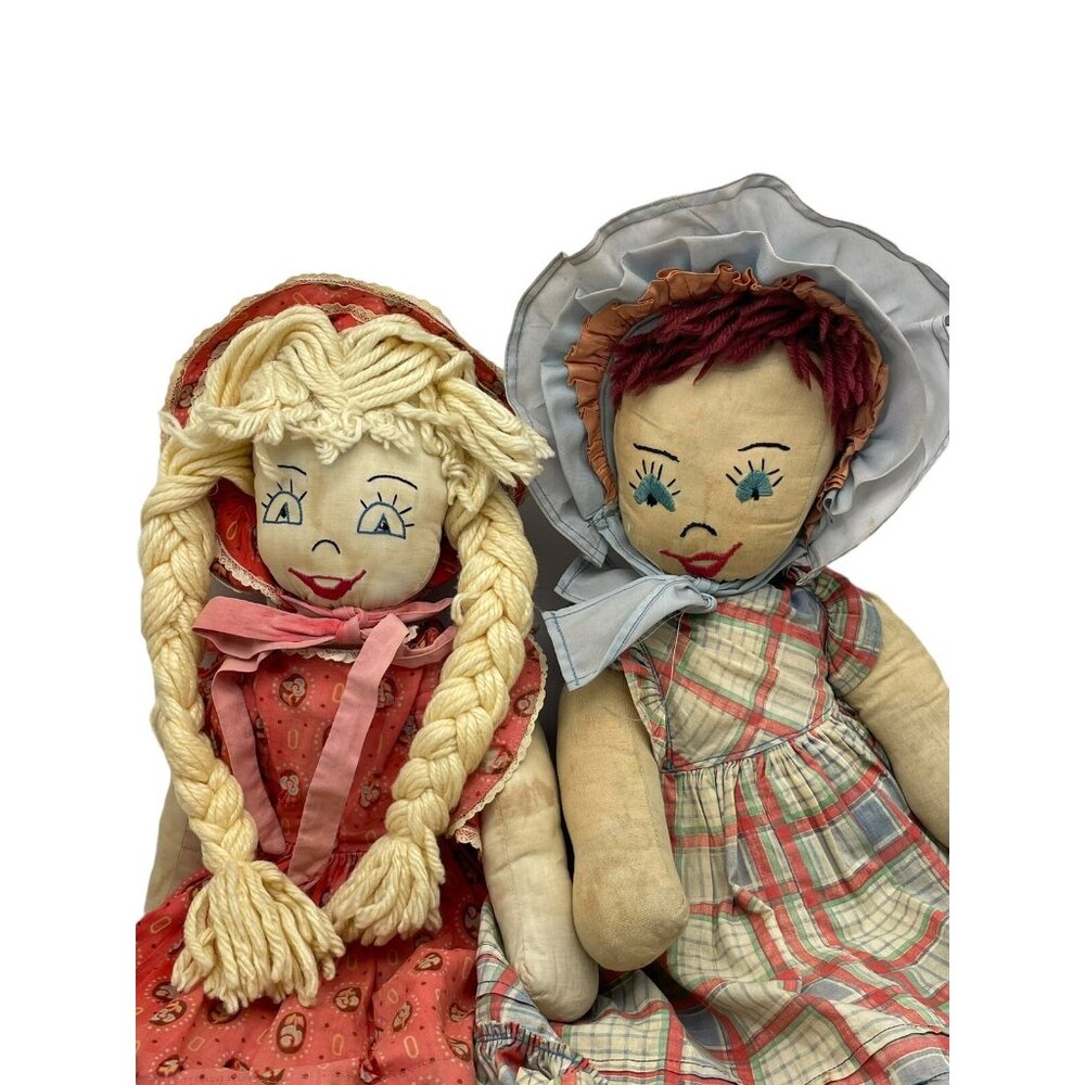 Vintage Folk Art Rag Doll Sewn Face Plush Cloth 18" Collectible Lot of 2 TLC